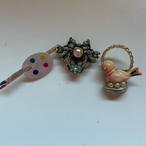 3 unique vintage pins: bird in nest, artist pallet and one w stones